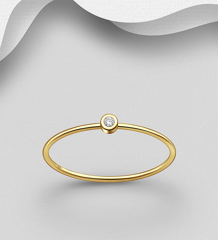 Wholesale 925 Sterling Silver Solitaire Ring Decorated with CZ Simulated Diamond, Plated with 1 Micron 18K Yellow Gold - SKU #1535-639