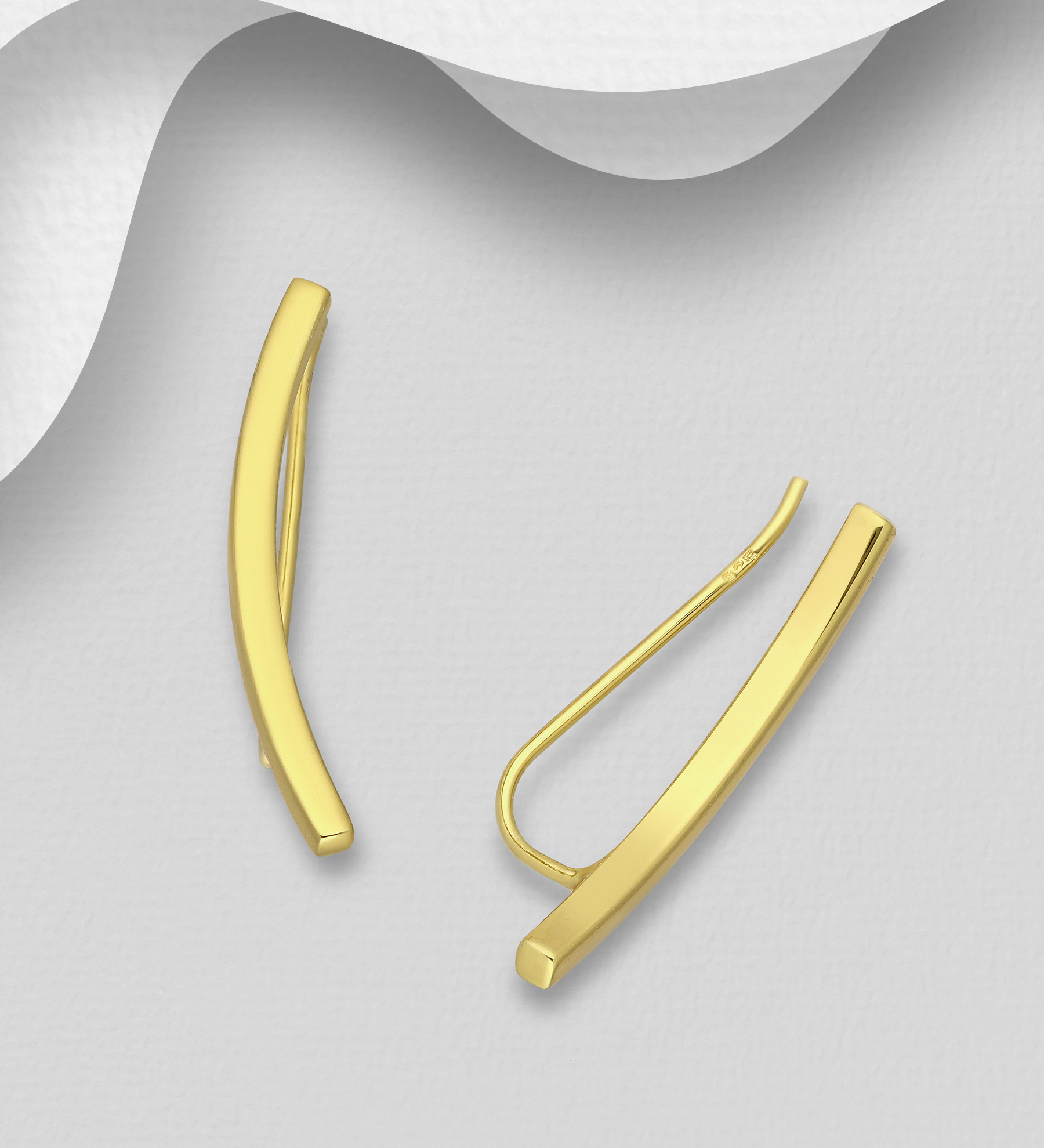 Wholesale 925 Sterling Silver Curved Bar Ear Pins, Plated with 1 Micron 14K or 18K Yellow Gold - SKU #1535-660