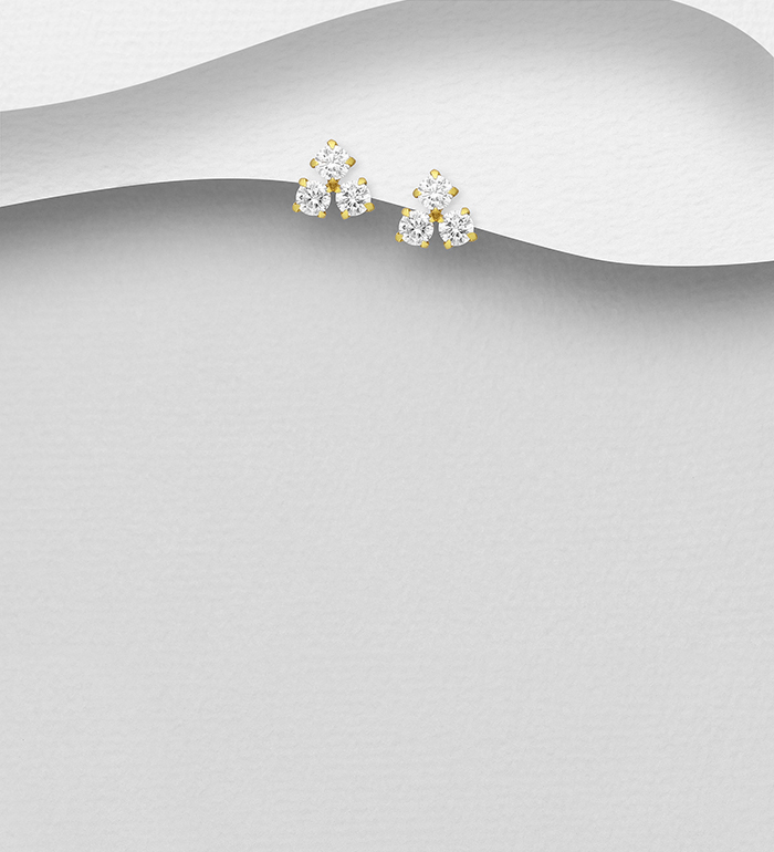 Wholesale 925 Sterling Silver Push-Back Earrings Decorated with CZ Simulated Diamonds, Plated with 1 Micron 14K or 18K Yellow Gold - SKU #1535-723