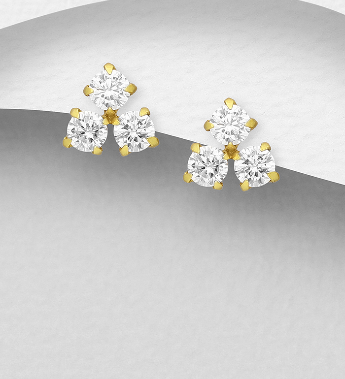 Wholesale 925 Sterling Silver Push-Back Earrings Decorated with CZ Simulated Diamonds, Plated with 1 Micron 14K or 18K Yellow Gold - SKU #1535-723