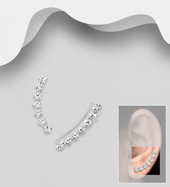 Wholesale 925 Sterling Silver Ear Pins, Decorated with Crystal Glass - SKU #578-2630