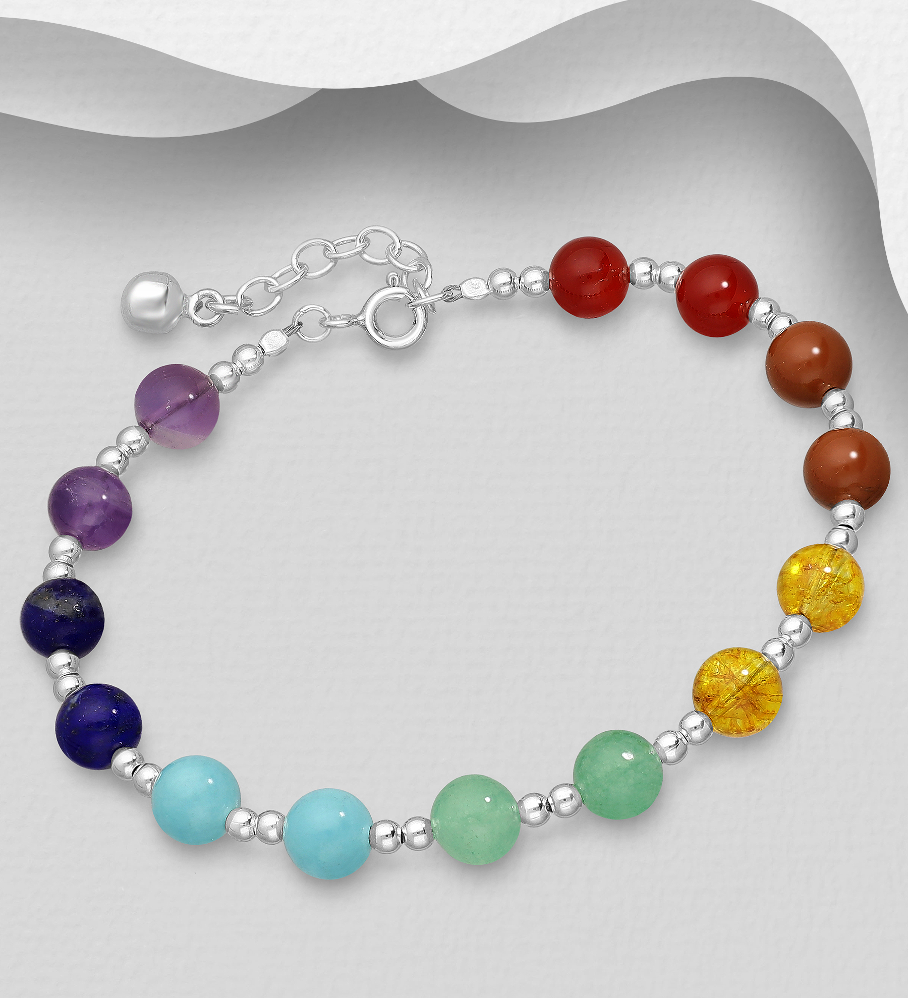 Wholesale 925 Sterling Silver Bell and Chakra Bracelet Beaded with Amethyst, Carnelian, Citrine, Green Aventurine, Jasper, Lapis Lazuli and Aquamarine - SKU #781-5691
