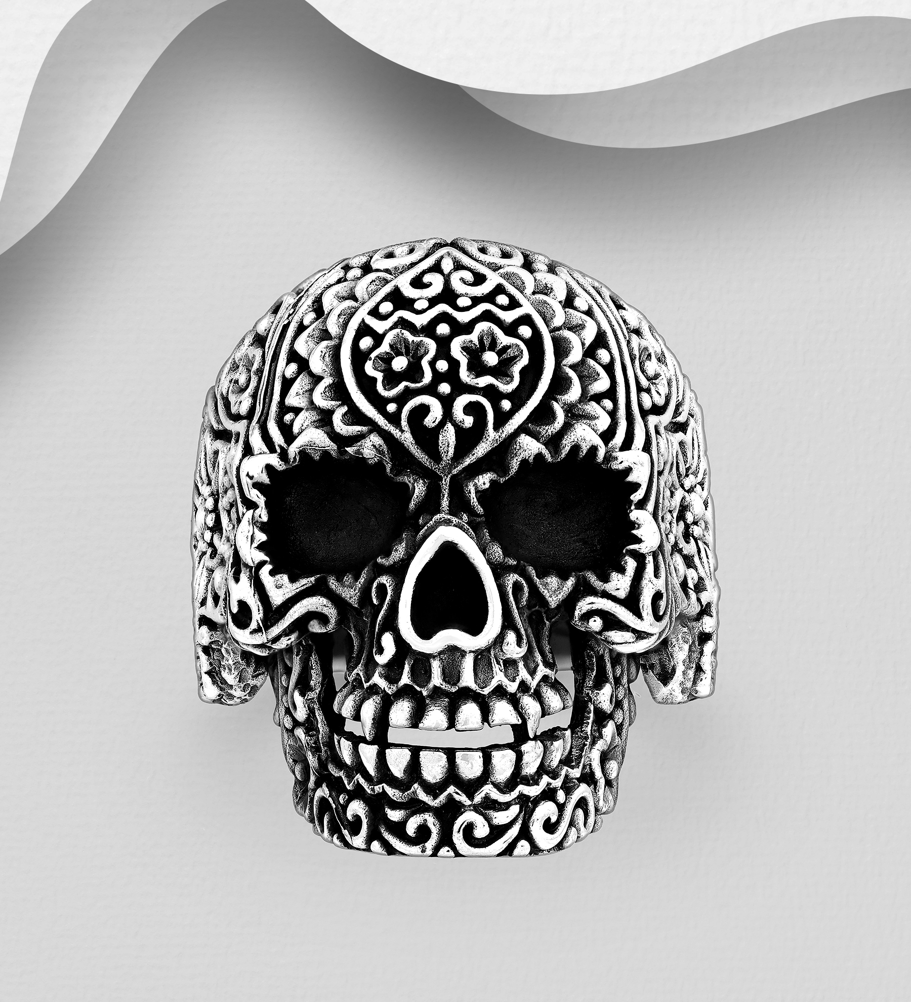 Wholesale 925 Sterling Silver Skull and Swirl Ring - SKU #1563-436