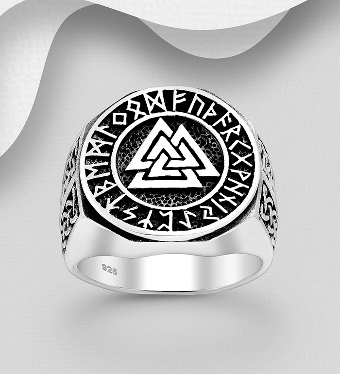 Wholesale 925 Sterling Silver Oxidized Celtic and Valknut Ring - SKU #1563-457
