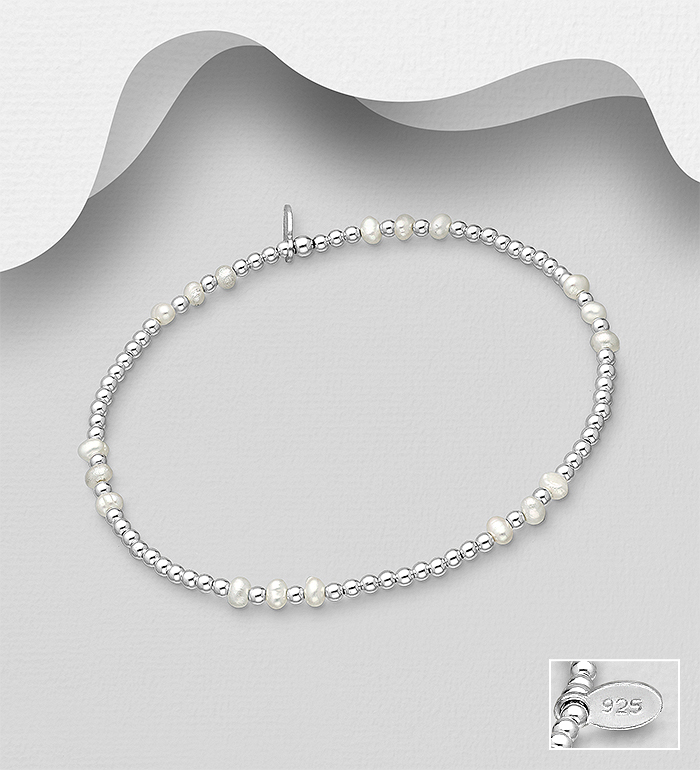 382-4873 - Wholesale 925 Sterling Silver Ball Elastic Bracelet, Beaded with Freshwater Pearl Beads