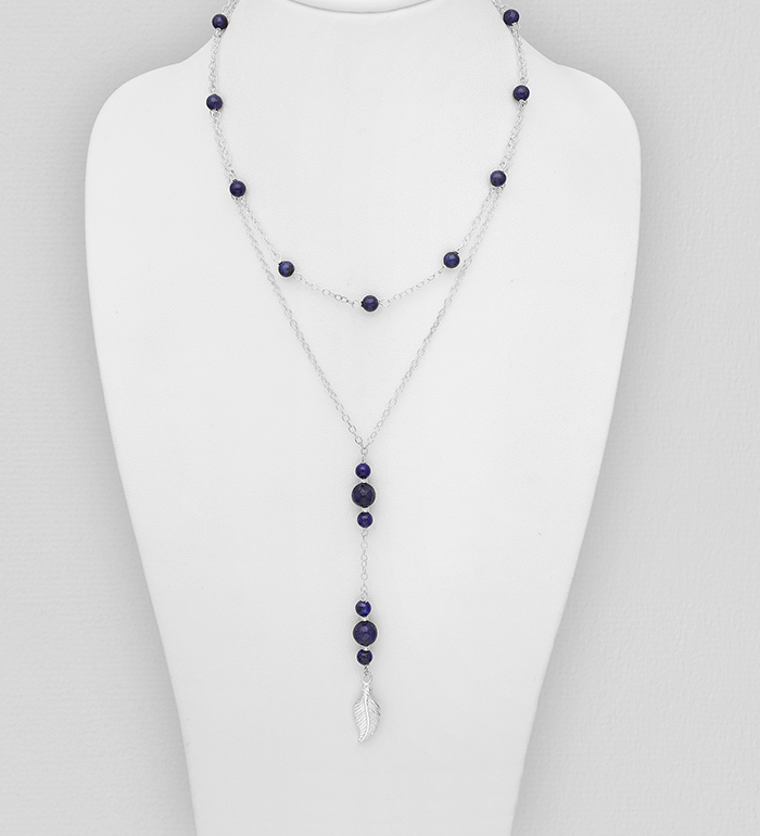 Wholesale 925 Sterling Silver Feather Layered Necklace, Beaded with Various Gemstones - SKU #781-5788