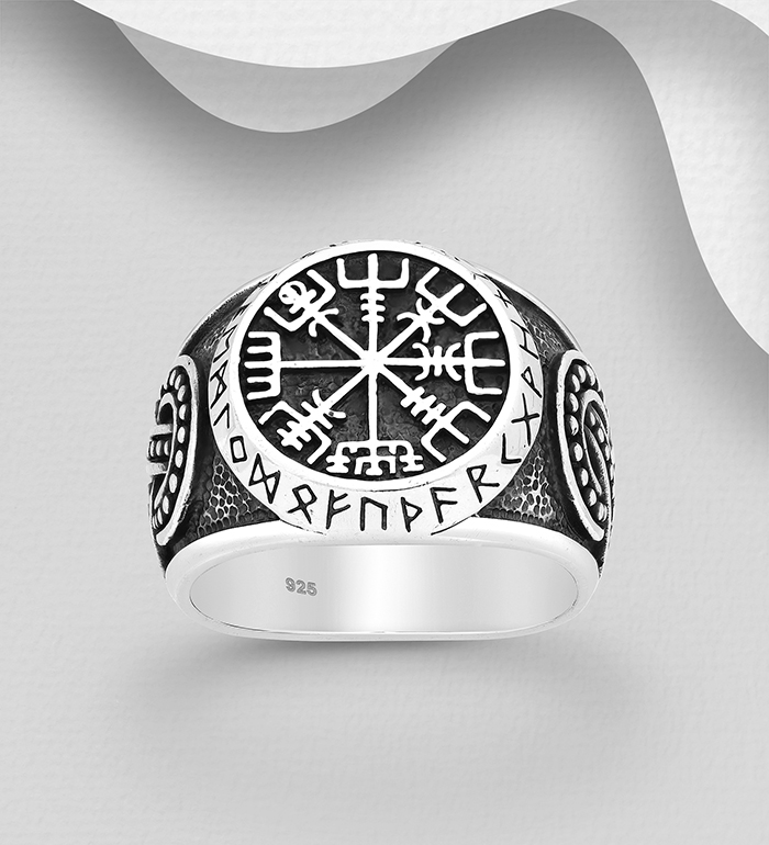 Wholesale 925 Sterling Silver Oxidized Celtic and Viking Vegvisir Amulet Ring - SKU #1563-494
