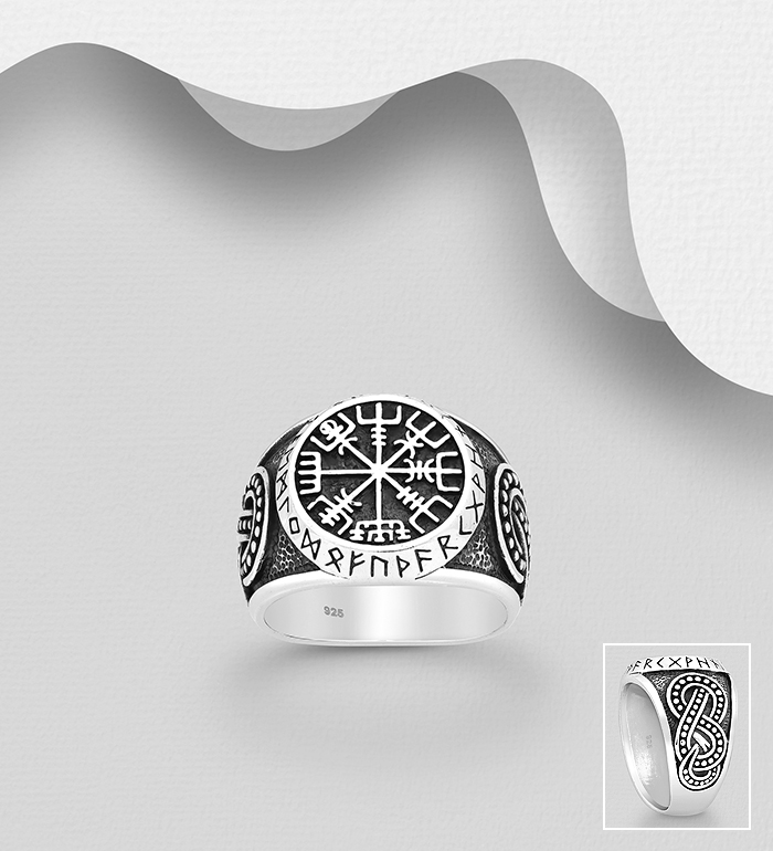 Wholesale 925 Sterling Silver Oxidized Celtic and Viking Vegvisir Amulet Ring - SKU #1563-494