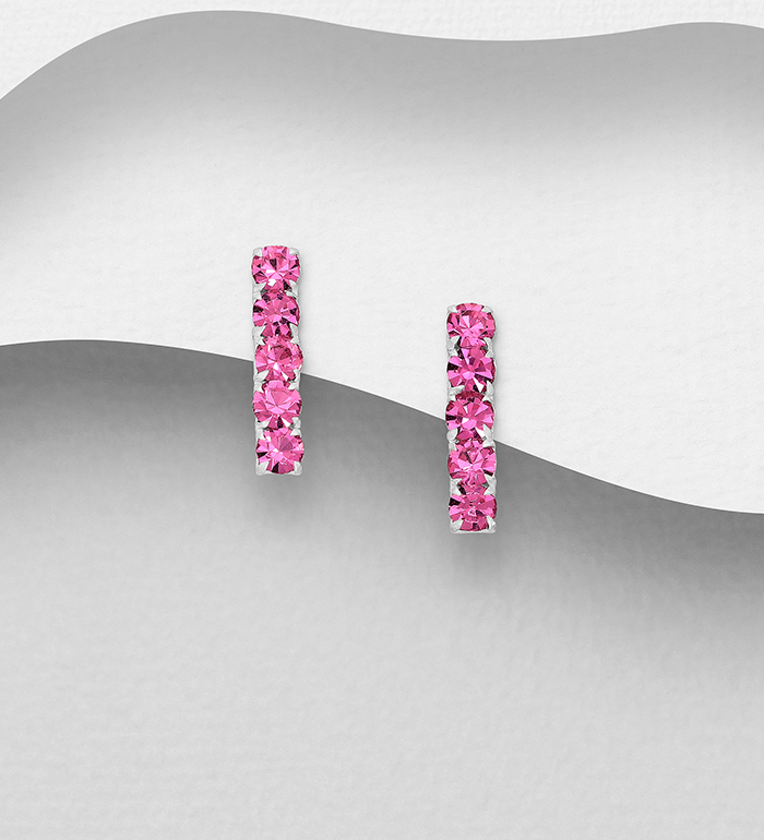 Wholesale 925 Sterling Silver Push-Back Earrings, Decorated with Various Colors of Crystal Glass - SKU #578-2643
