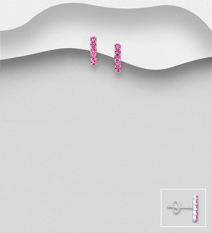 Wholesale 925 Sterling Silver Push-Back Earrings, Decorated with Various Colors of Crystal Glass - SKU #578-2643