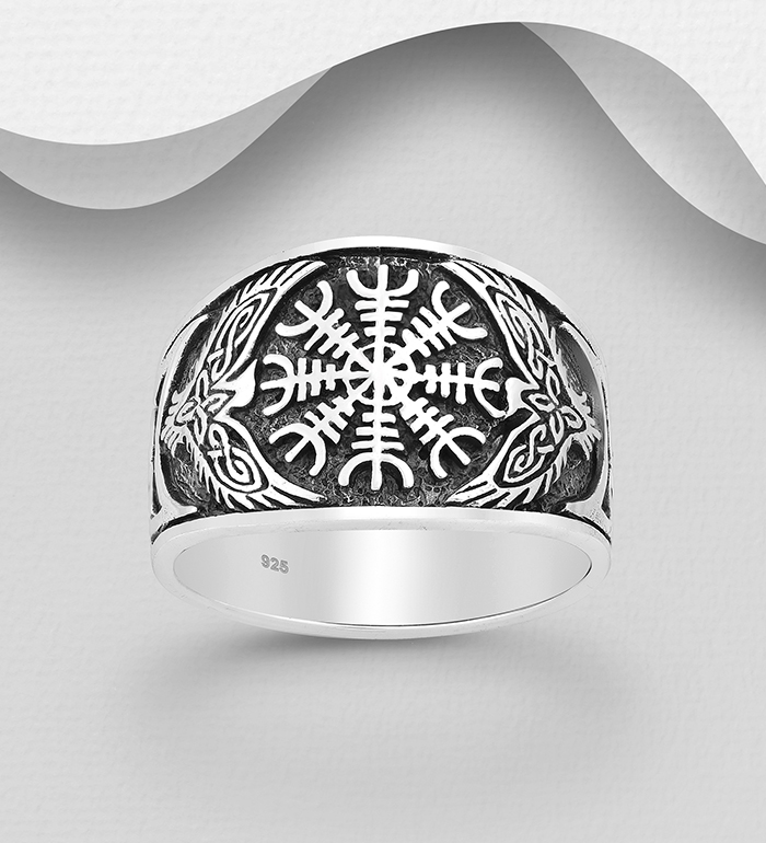 Wholesale 925 Sterling Silver Celtic Eagle and Viking Vegvisir Amulet Ring - SKU #1563-461