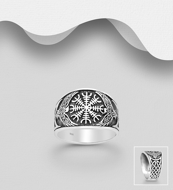 Wholesale 925 Sterling Silver Celtic Eagle and Viking Vegvisir Amulet Ring - SKU #1563-461