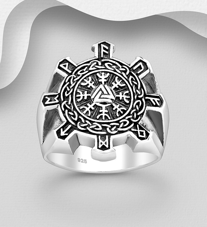 Wholesale 925 Sterling Silver Celtic Viking Vegvisir Amulet Ring - SKU #1563-504