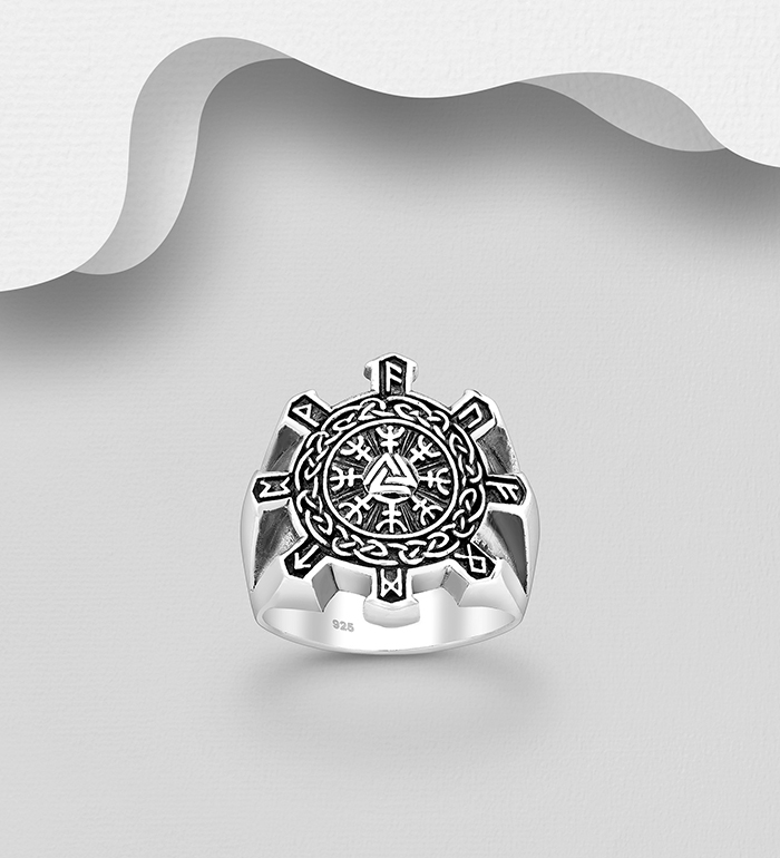 Wholesale 925 Sterling Silver Celtic Viking Vegvisir Amulet Ring - SKU #1563-504