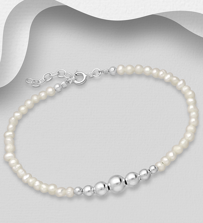 Wholesale 925 Sterling Silver Ball Bracelet Beaded With Fresh Water Pearls - SKU #382-4941