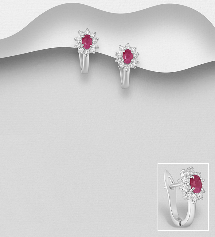 Wholesale 925 Sterling Silver Omega Lock Earrings, Decorated with CZ Simulated Diamonds and Various Gemstones - SKU #883-6087