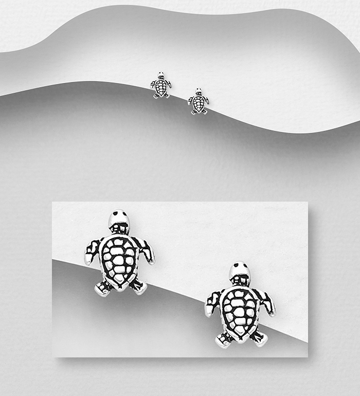 Wholesale 925 Sterling Silver Oxidized Turtle Push-Back Earrings - SKU #1068-1591