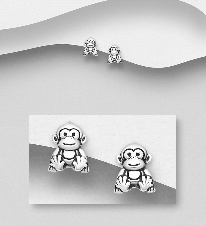 Wholesale 925 Sterling Silver Oxidized Monkey Push-Back Earrings - SKU #1063-2121