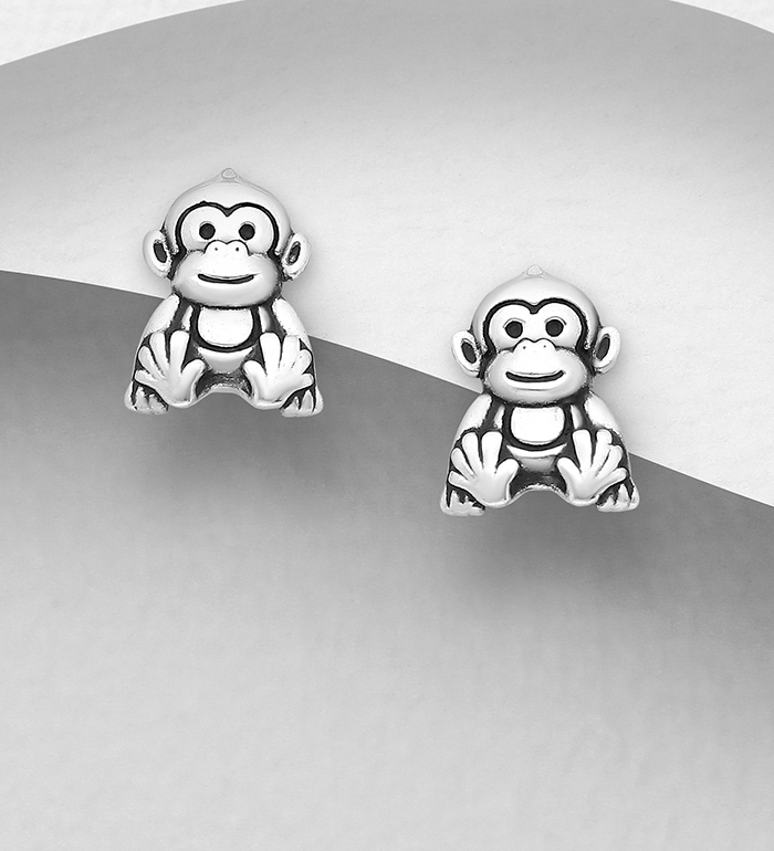 Wholesale 925 Sterling Silver Oxidized Monkey Push-Back Earrings - SKU #1063-2121