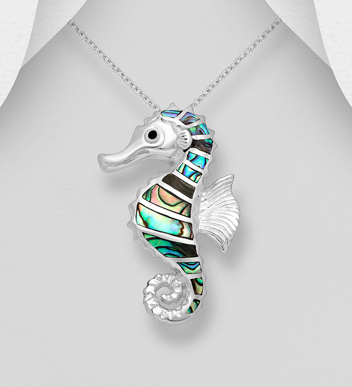 Wholesale 925 Sterling Silver Seahorse Pendant Decorated with Shell and Colored Enamel - SKU #789-3584