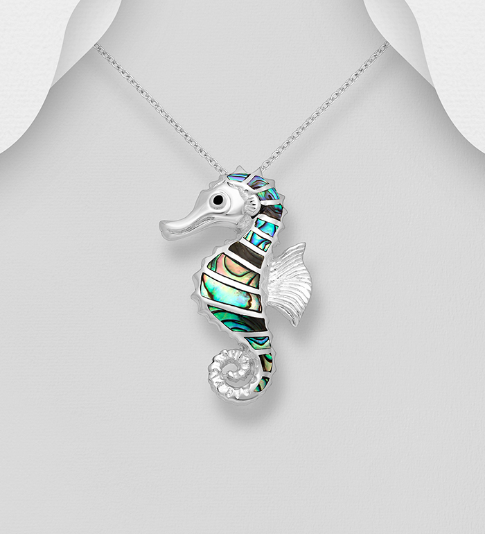 Wholesale 925 Sterling Silver Seahorse Pendant Decorated with Shell and Colored Enamel - SKU #789-3584