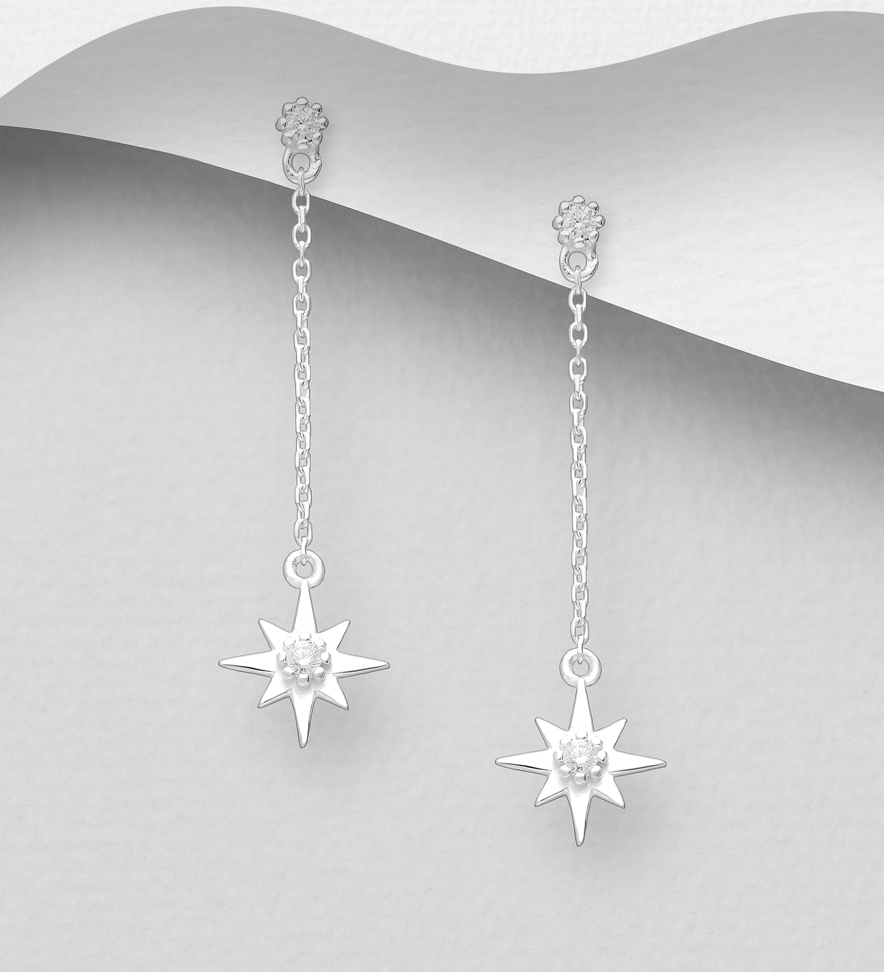 Wholesale 925 Sterling Silver Star Push-Back Earrings, Decorated with CZ Simulated Diamonds - SKU #1063-2169