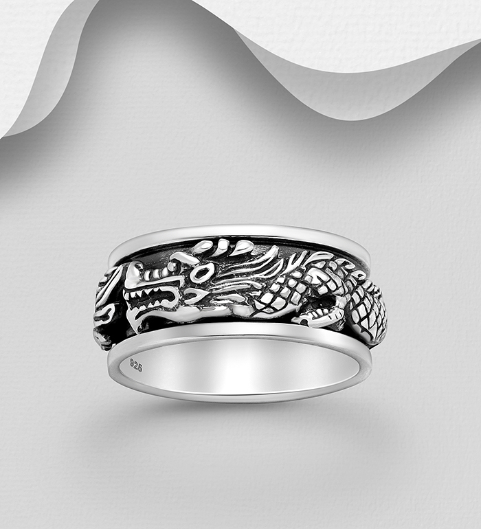 Wholesale 925 Sterling Silver Oxidized Dragon Spin Band Ring, 9 mm - SKU #1563-561
