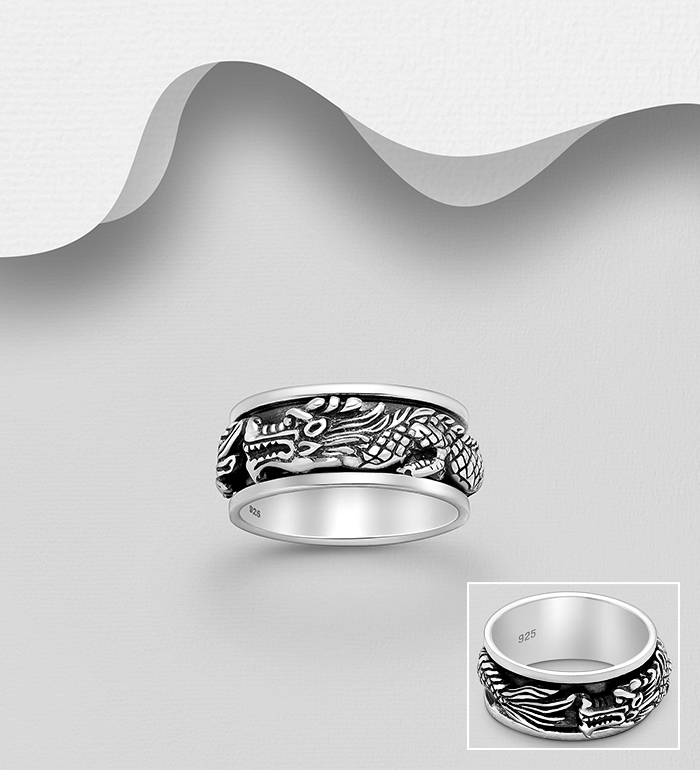 Wholesale 925 Sterling Silver Oxidized Dragon Spin Band Ring, 9 mm - SKU #1563-561