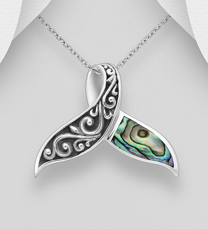 Wholesale 925 Sterling Silver Oxidized Whale Tail Pendant, Decorated with Shell - SKU #789-3595
