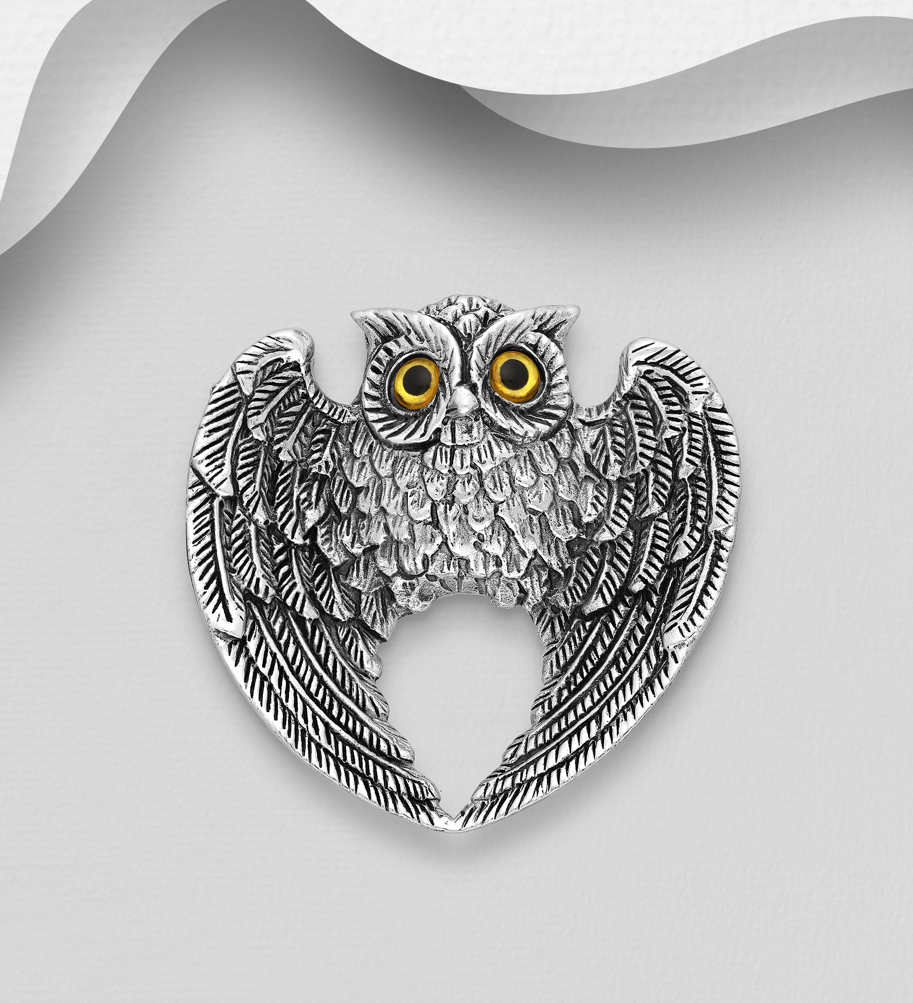 Wholesale 925 Sterling Silver Oxidized Owl Brooch / Pendant Decorated With Resin - SKU #706-28042