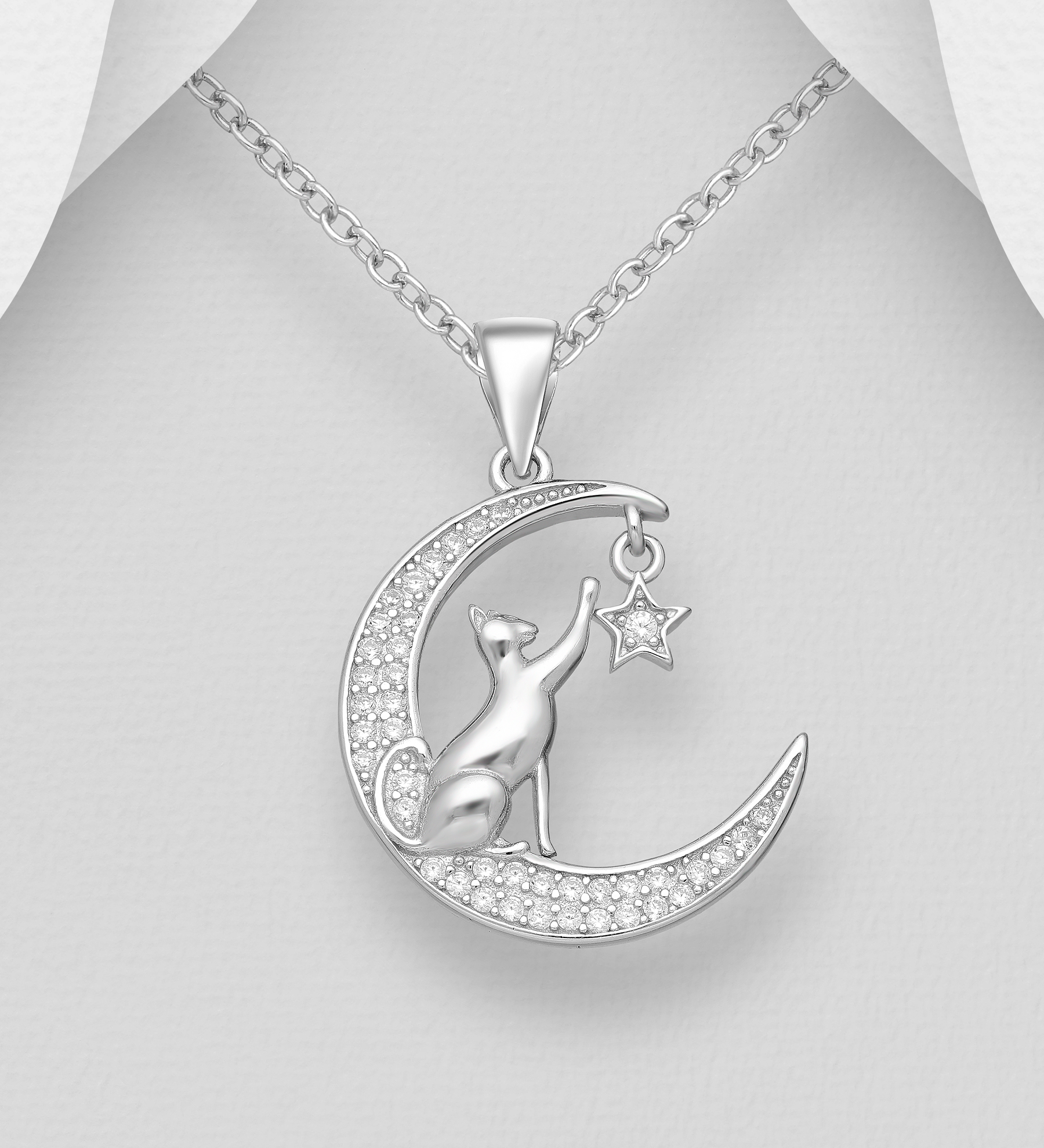 Wholesale 925 Sterling Silver Cat, Moon and Dangling Star Pendant Decorated with CZ Simulated Diamonds - SKU #701-22220