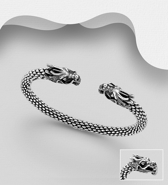 Wholesale 925 Sterling Silver Oxidized Dragon Cuff Bracelet - SKU #1563-582