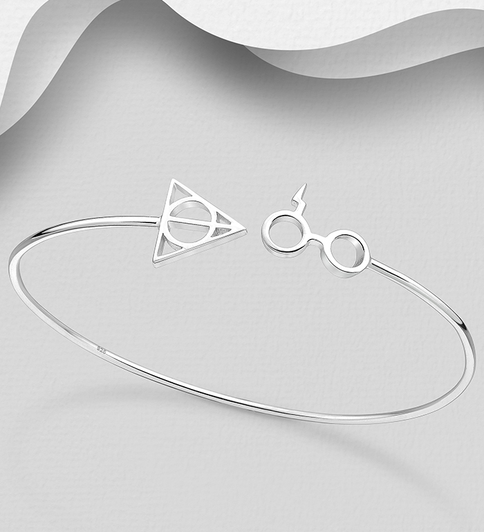 Wholesale 925 Sterling Silver Deathly Hallows Symbol and Glasses Cuff Bracelet - SKU #1063-2241