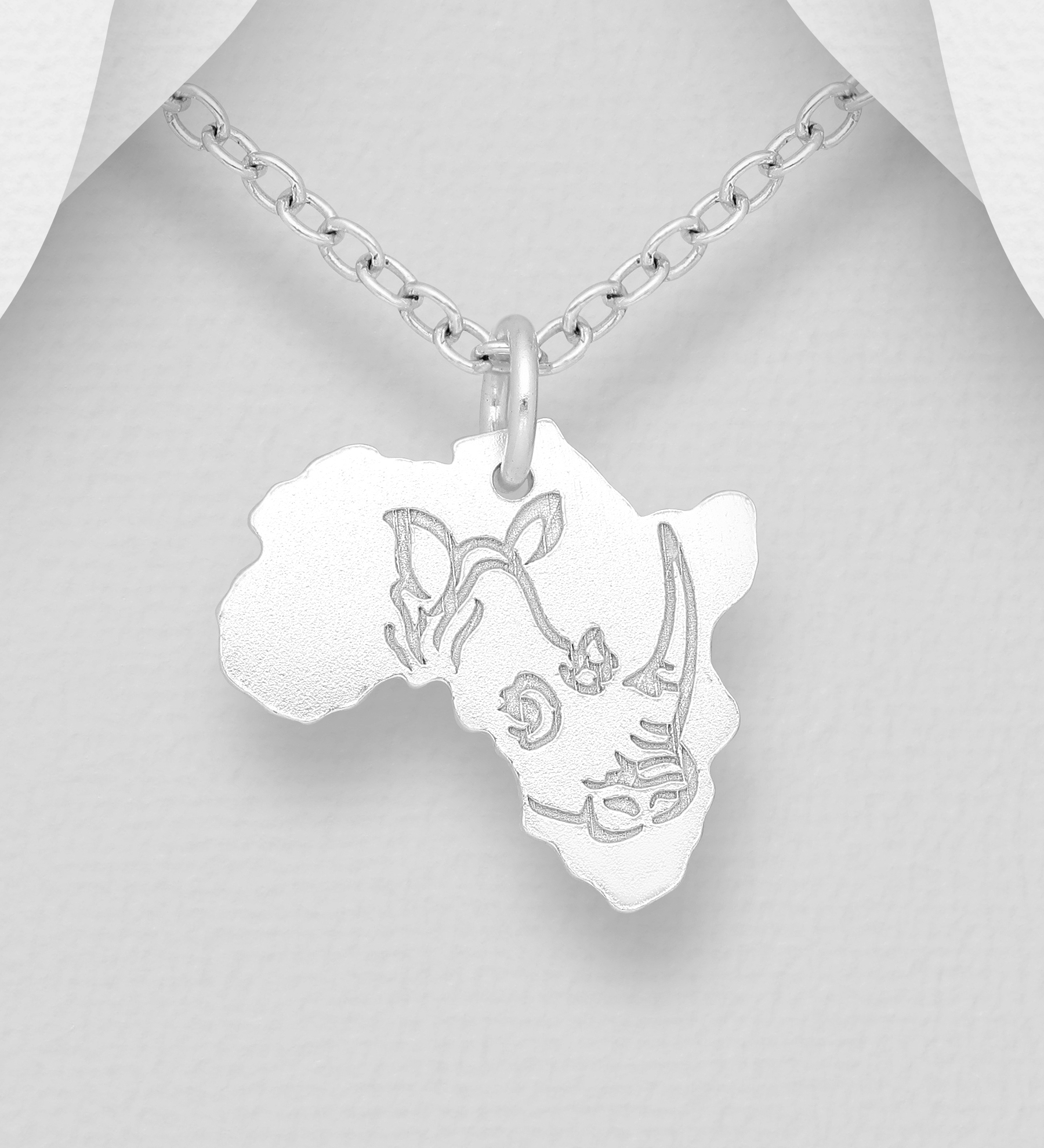 Wholesale 925 Sterling Silver Africa Map Pendant, Featuring Engraved Rhinoceros - SKU #1063-2258
