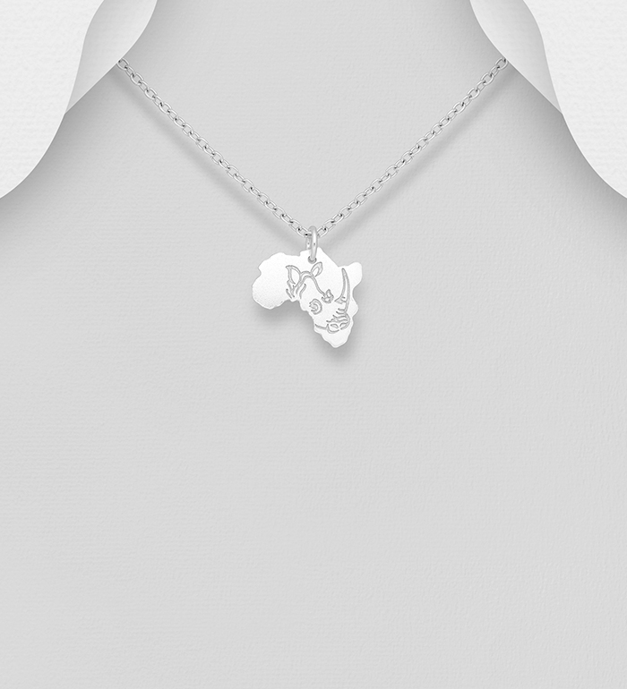 Wholesale 925 Sterling Silver Africa Map Pendant, Featuring Engraved Rhinoceros - SKU #1063-2258