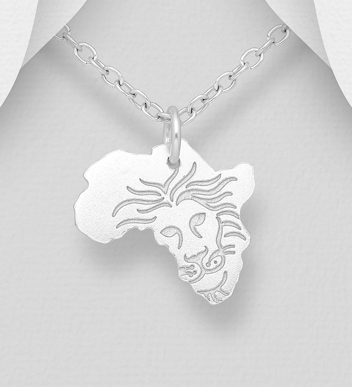Wholesale 925 Sterling Silver Africa Map Pendant, Featuring Engraved Lion - SKU #1063-2259