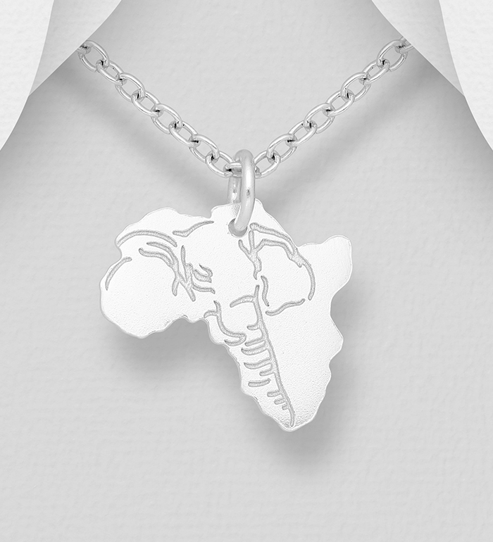 Wholesale 925 Sterling Silver Africa Map Pendant, Featuring Engraved Elephant - SKU #1063-2260