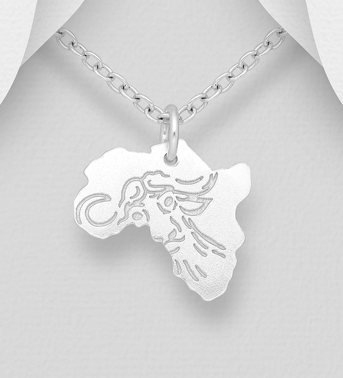 Wholesale 925 Sterling Silver Africa Map Pendant, Featuring Engraved Buffalo - SKU #1063-2261