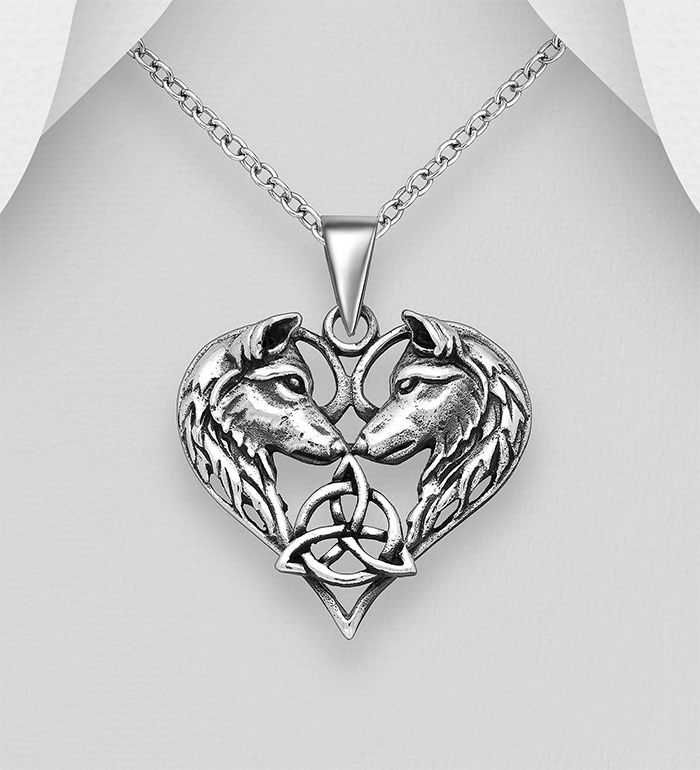 Wholesale 925 Sterling Silver Oxidized Heart Pendant Featuring Celtic Wolves - SKU #767-1033