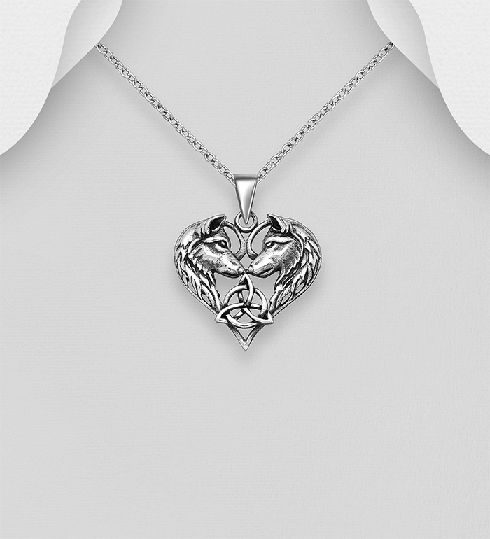 Wholesale 925 Sterling Silver Oxidized Heart Pendant Featuring Celtic Wolves - SKU #767-1033