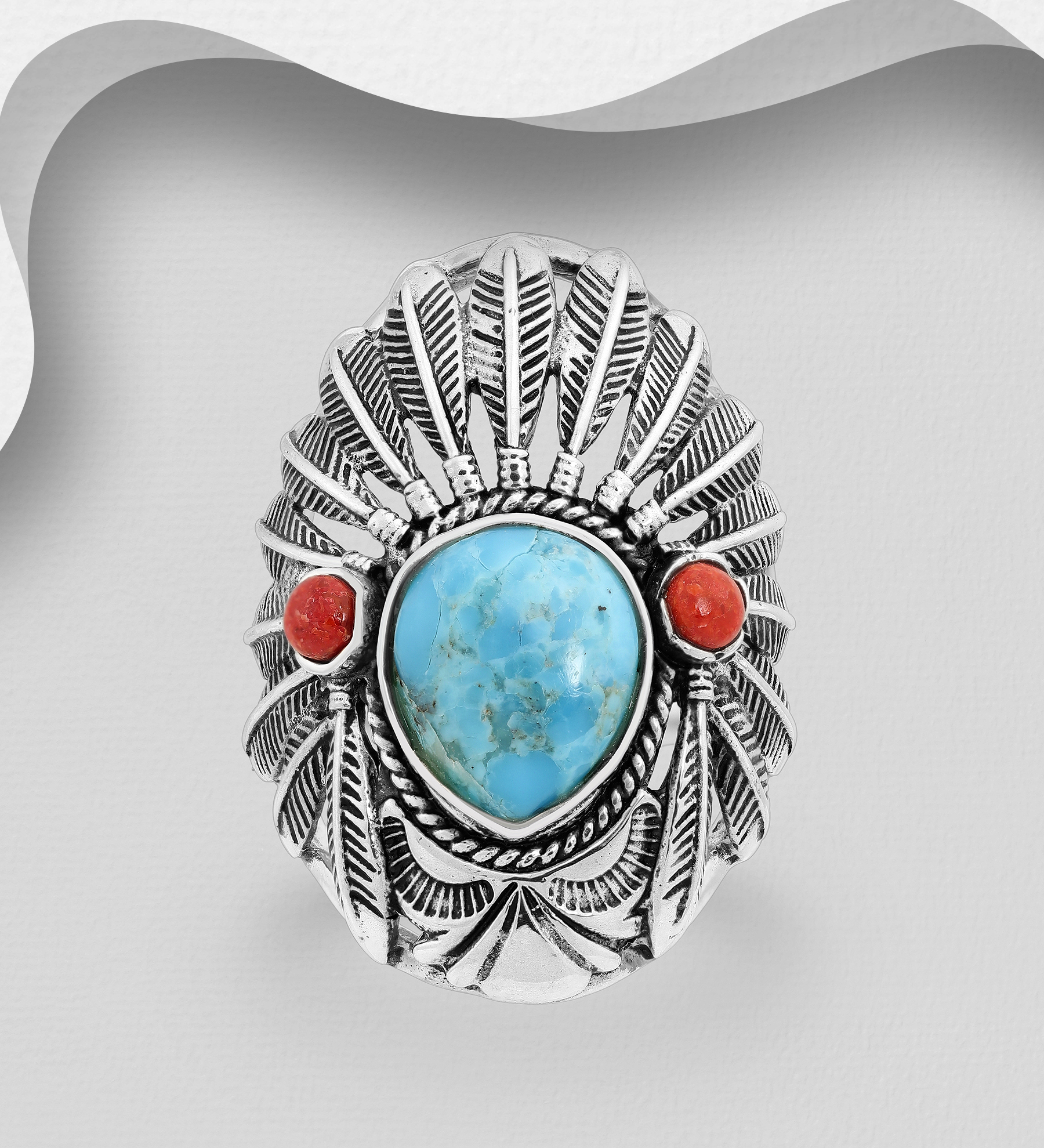 FAH 925 - Wholesale 925 Sterling Silver Oxidized Indian Head Ring Decorated With Reconstructed Turquoise And Resin - SKU #1854-54