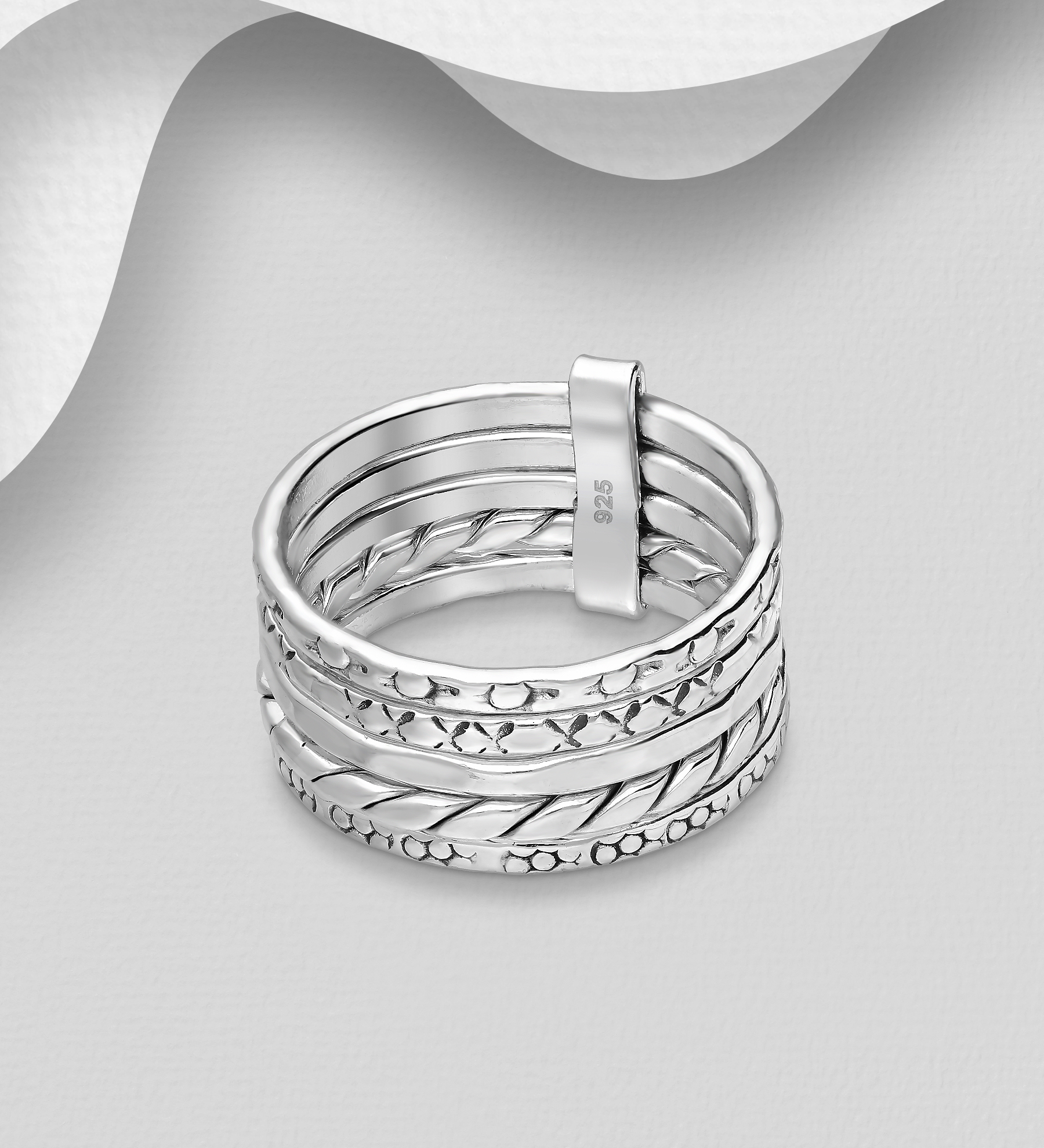 Wholesale Set of 5 Sterling Silver Oxidized Textured Bound Band Ring - SKU #706-28885