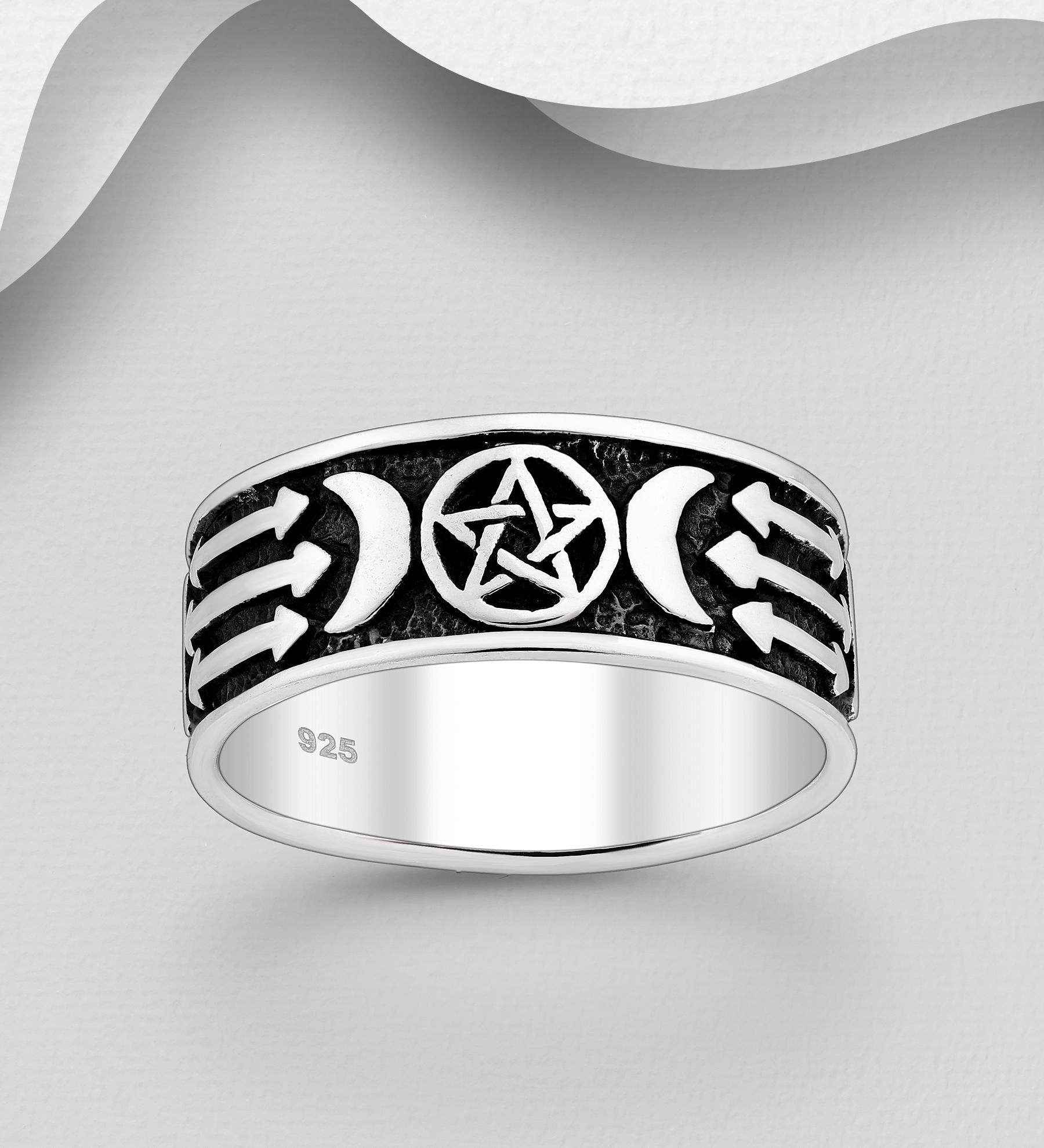 Wholesale 925 Sterling Silver Oxidized Moon and Star Band Ring, 8 mm Wide - SKU #1563-619