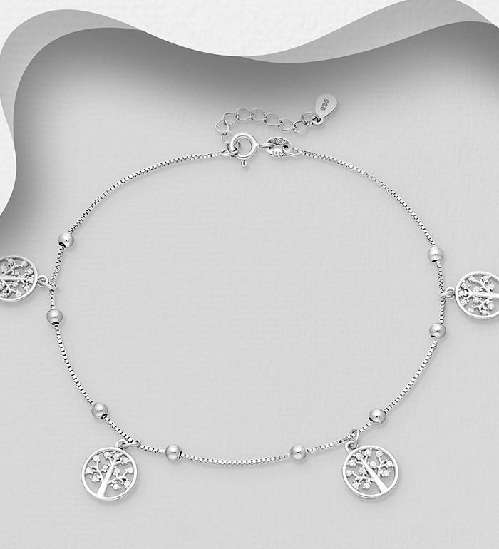 Wholesale 925 Sterling Silver Anklet Featuring Tree of Life Charms Decorated With CZ - SKU #1562-330