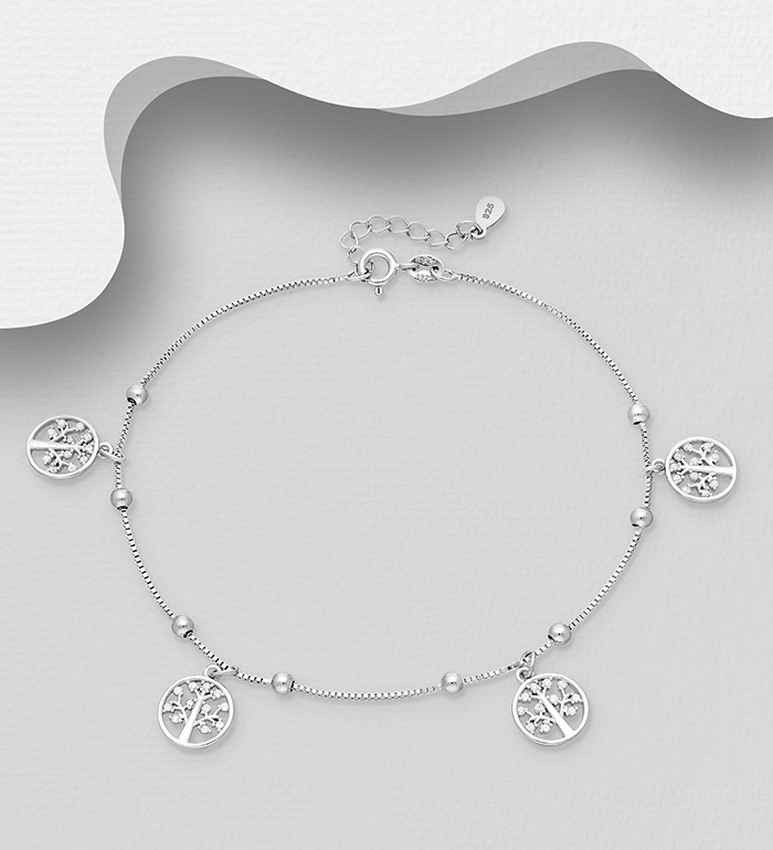 Wholesale 925 Sterling Silver Anklet Featuring Tree of Life Charms Decorated With CZ - SKU #1562-330