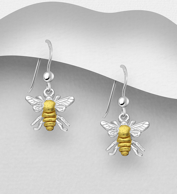 Wholesale 925 Sterling Silver Bee Hook Earrings, Center Plated with 1 Micron 18K Yellow Gold - SKU #1535-903