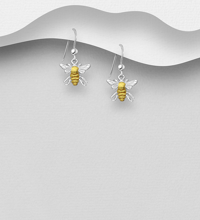 Wholesale 925 Sterling Silver Bee Hook Earrings, Center Plated with 1 Micron 18K Yellow Gold - SKU #1535-903