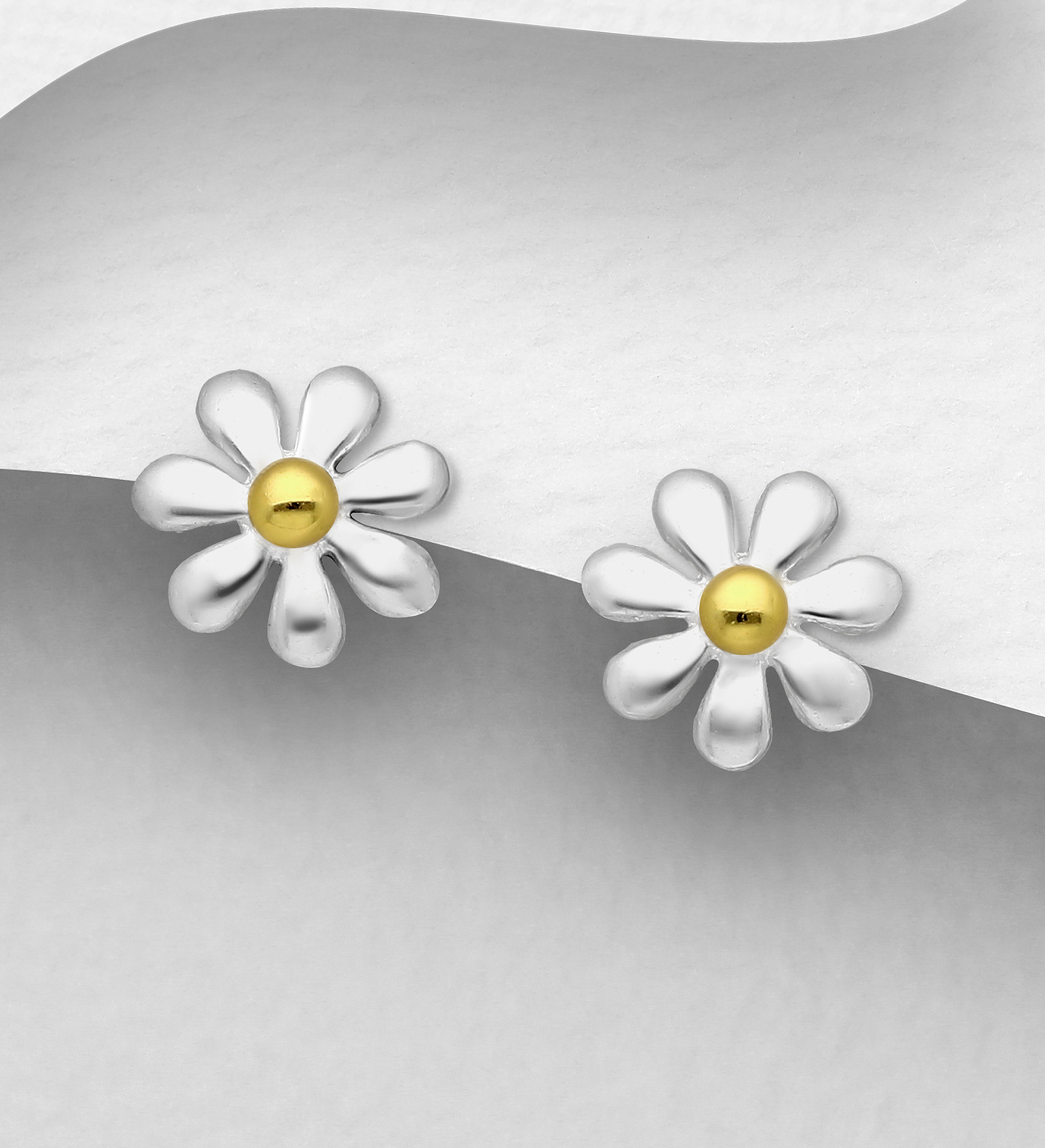 Wholesale 925 Sterling Silver Flower Push-Back Earrings, Pollen Plated with 1 Micron 14K or 18K Yellow Gold - SKU #1535-907