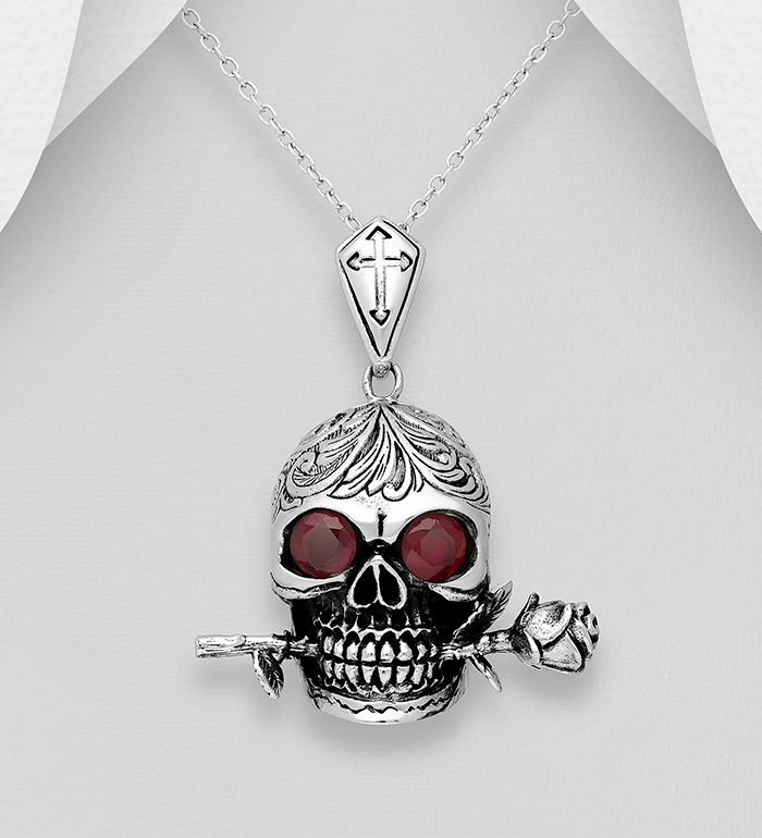 Wholesale 925 Sterling Silver Oxidized Skull And Rose Pendant Decorated With CZ - SKU #768-512