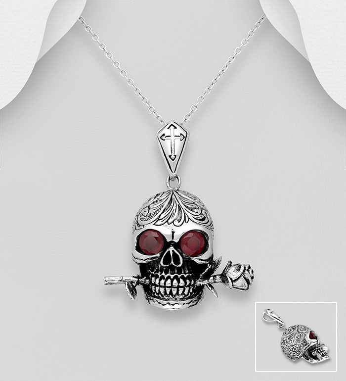 Wholesale 925 Sterling Silver Oxidized Skull And Rose Pendant Decorated With CZ - SKU #768-512